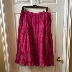 Boho Fuchsia Pink Tiered A-Line Skirt with Lace and Eyelet Details